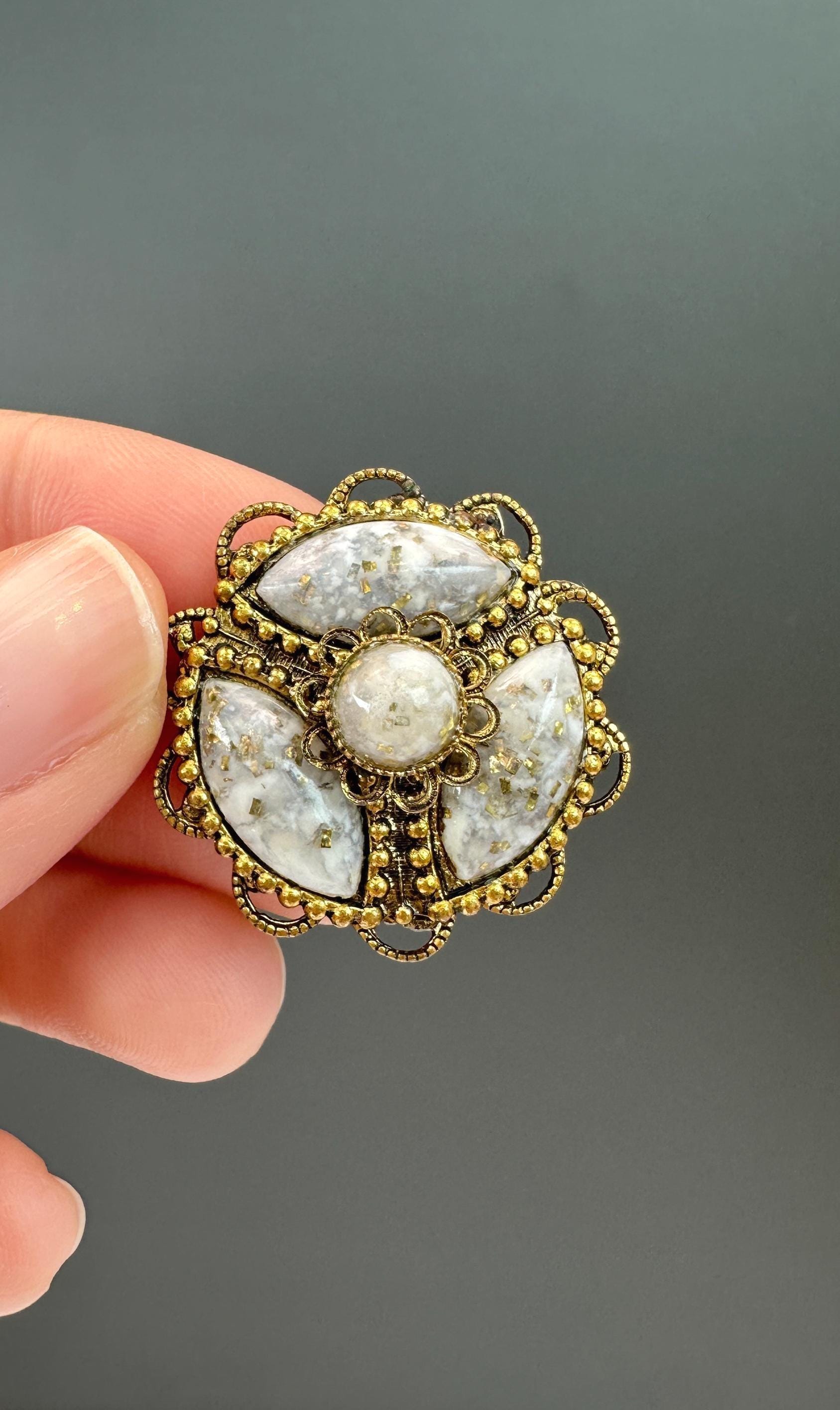 Vintage MCM Brooch | Confetti Lucite | Mid Century Gold Tone | 1950's Brooch