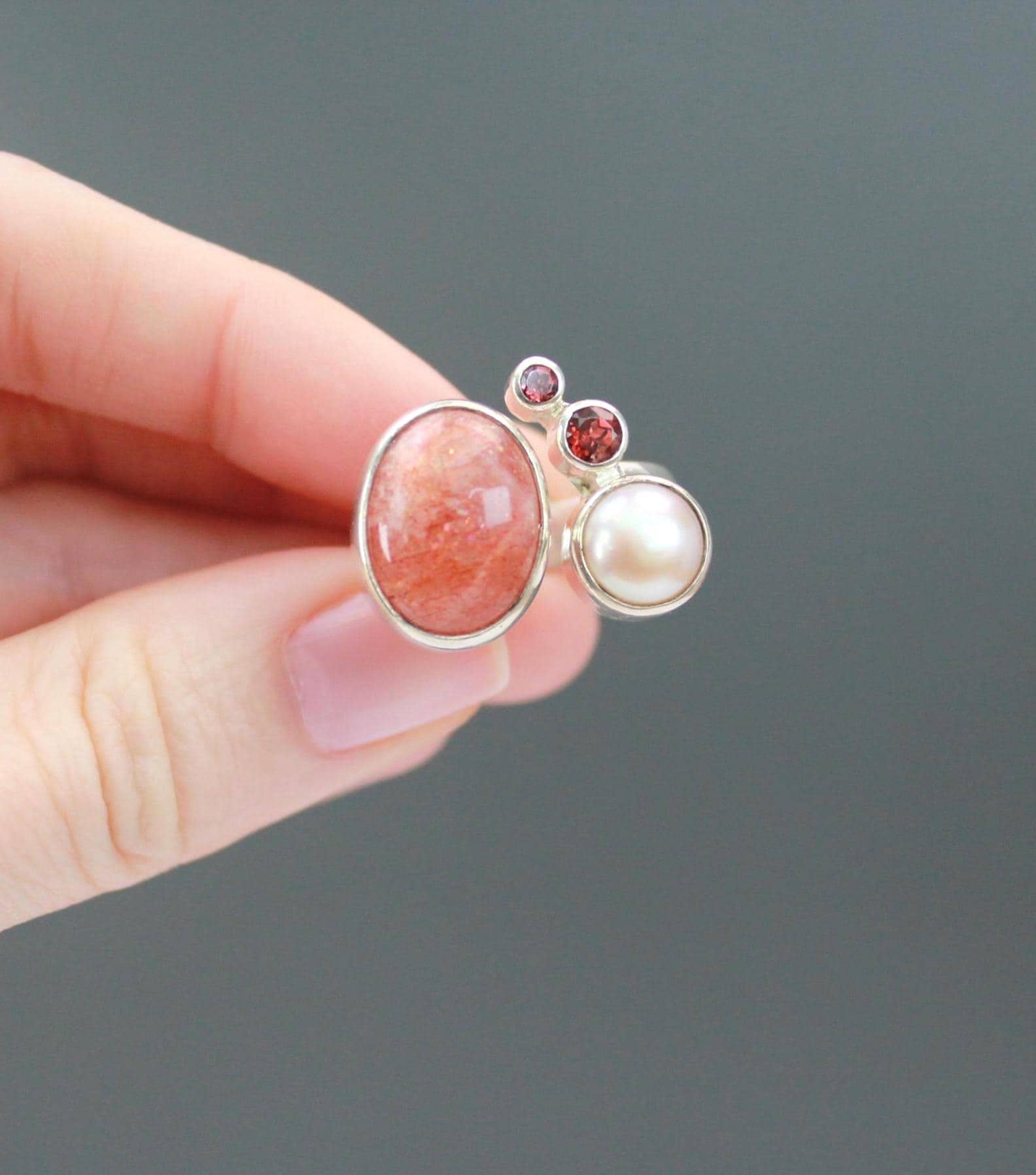 Vintage Handmade Sterling Silver Ring | Sunstone, Pearl, Garnet | Sculptural Art Statement Ring SIZE 8