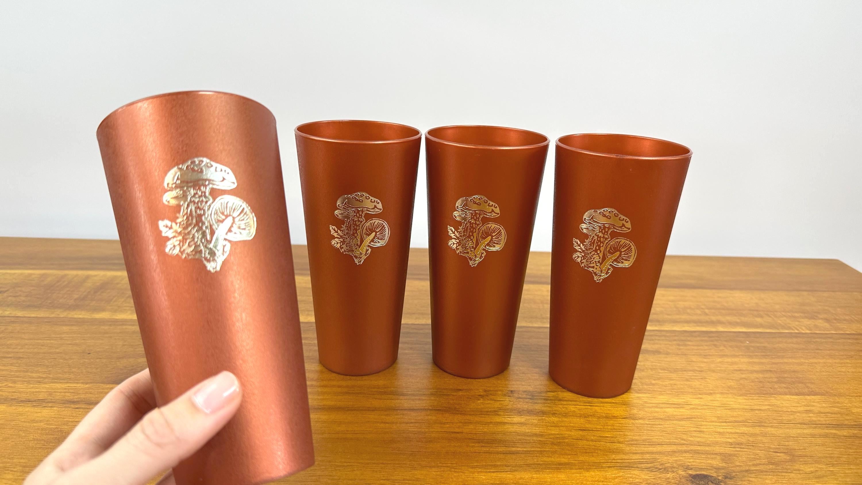 Groovy Vintage Plastic Tumbler Cups | Burt Orange with Silver Mushrooms | MCM 1970's