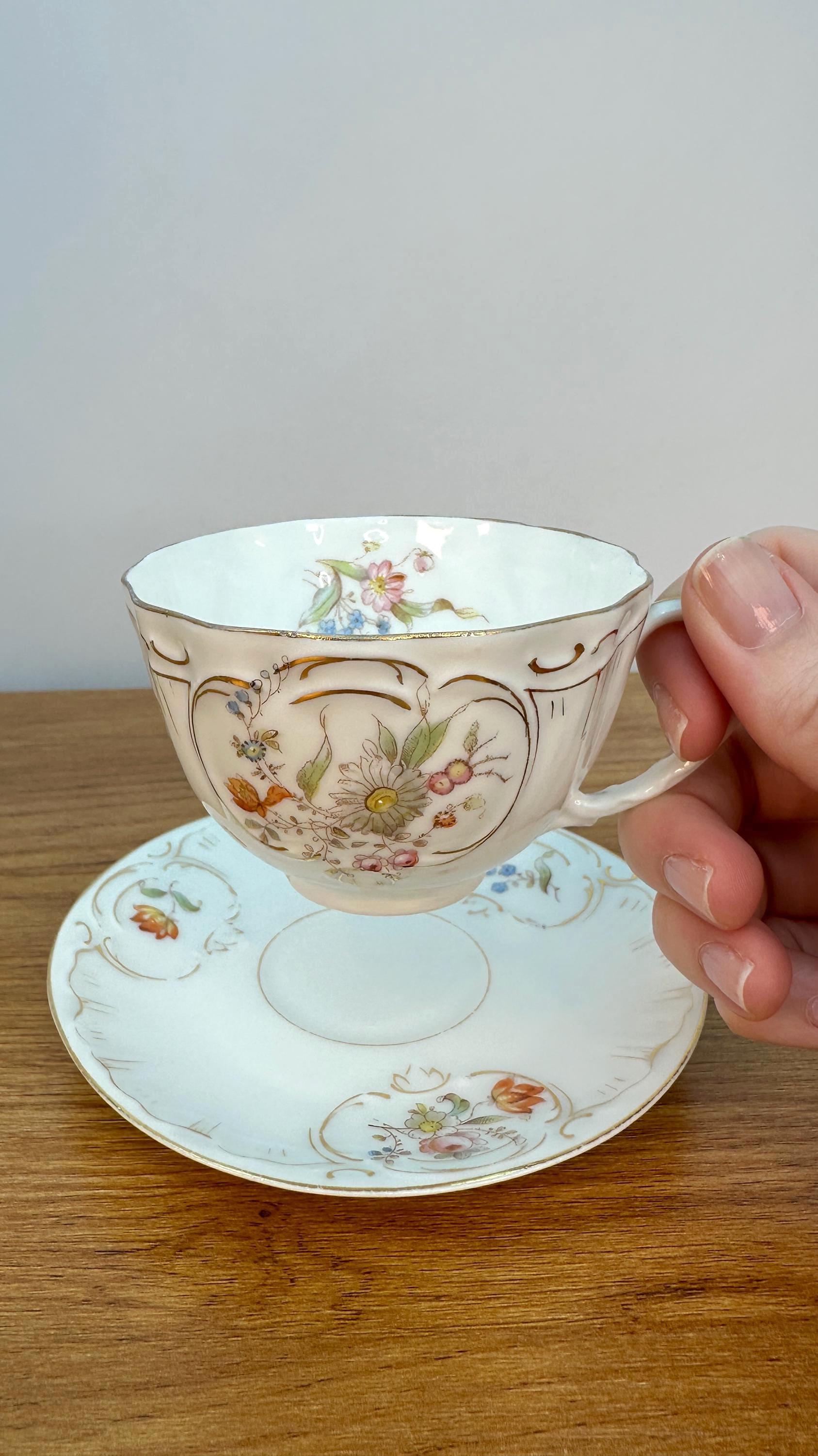 Vintage Teacup and Saucer | Demitasse Floral Teacup Embossed with Gold Accents | Rare Find