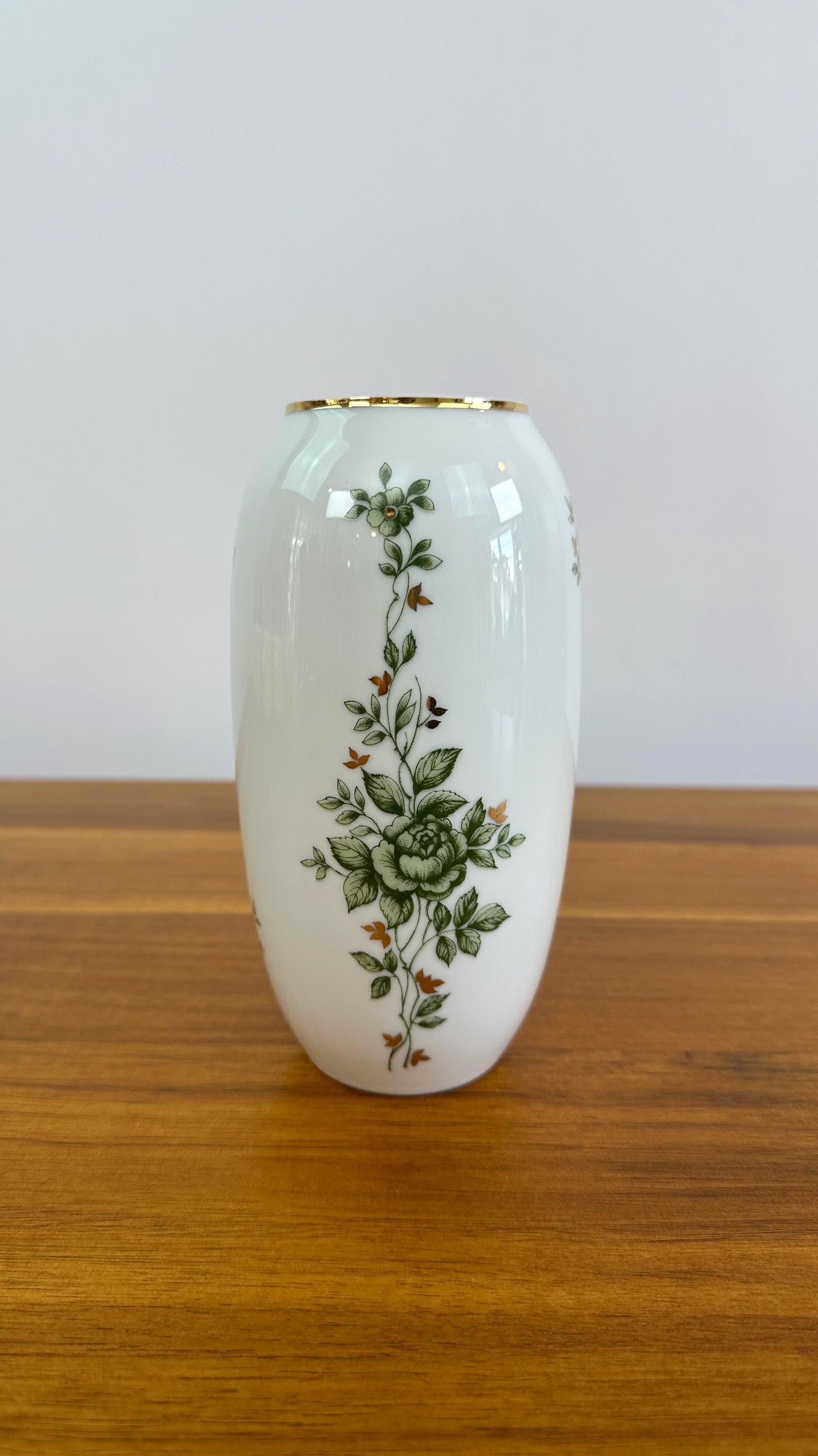 Vintage Hollohaza Hungary Porcelain Vase White with Gold Trim and Green Floral Pattern