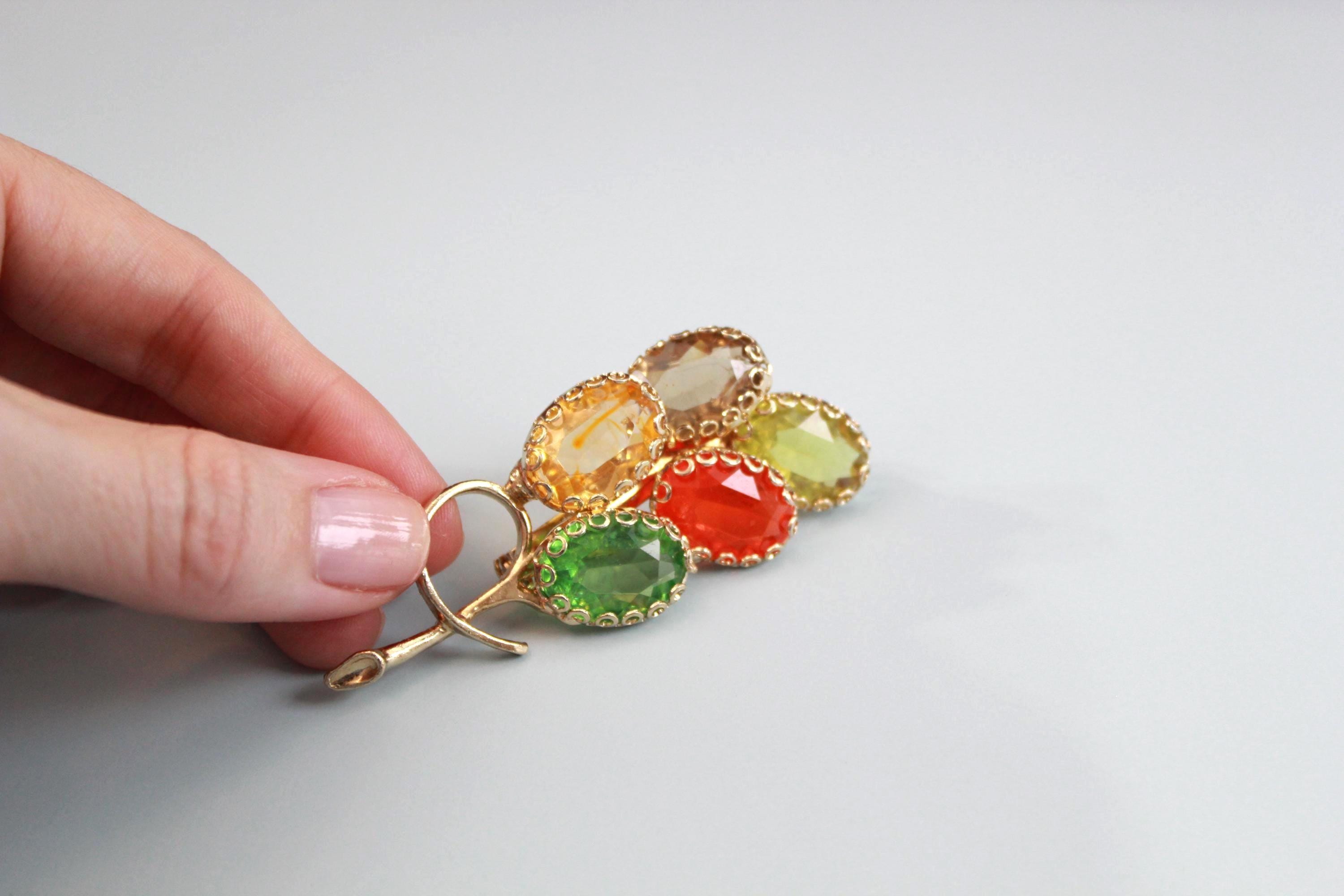 Vintage Fruit Salad Brooch-Floral Vintage Pin with Glass Stones in Gold Tone Setting