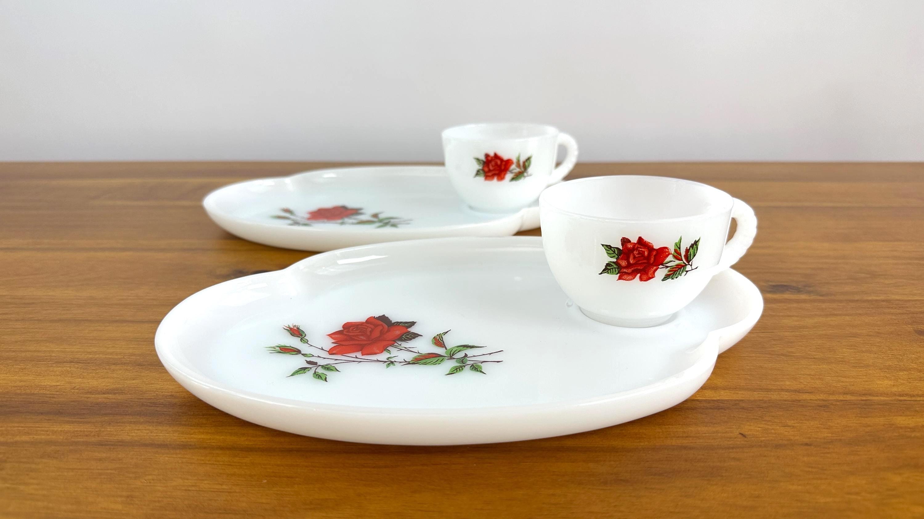 Vintage Federal Glass Milk Glass Snack Set "Rosecrest" Cup and Snack Plate Set - Luncheon Set of 2