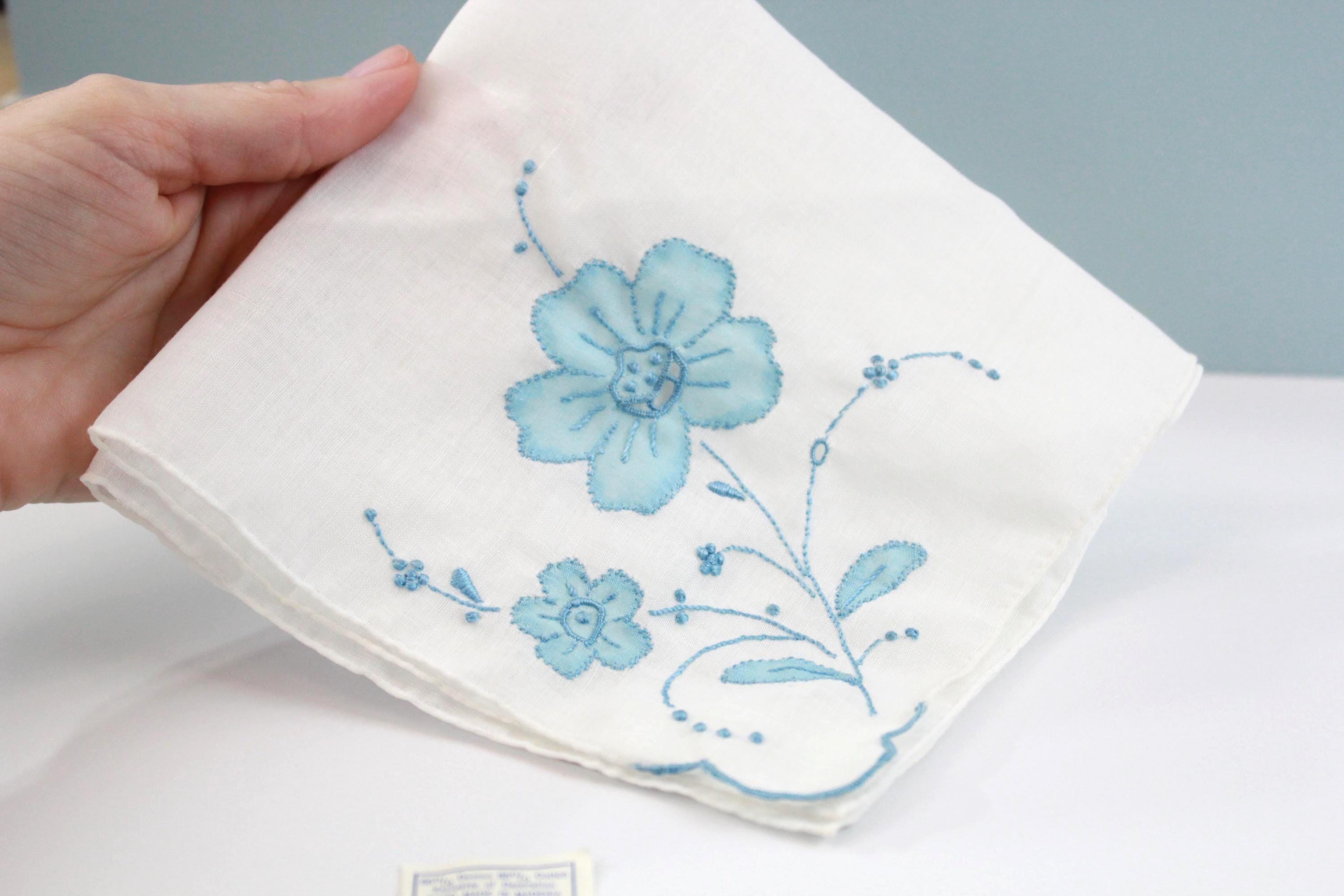 Vintage Handkerchief Handmade in Madeira Spain | White Hankie with Embroidered Blue Flower | Unused Vintage