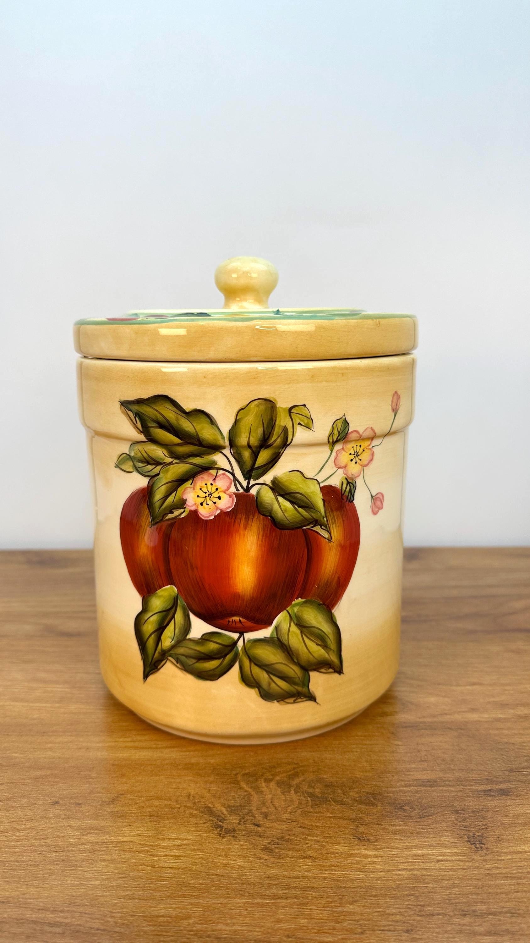 Vintage Apple Cookie Jar or Canister- Beautiful Hand-painted Apple Kitchen Storage Jar Container