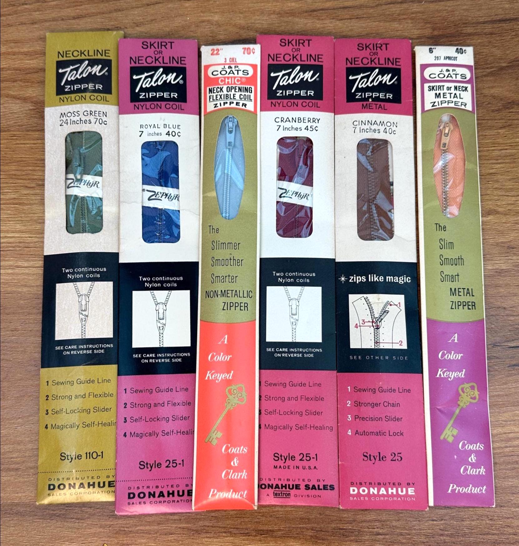 Lot of 6 Vintage Zippers -Talon, J.&P. Coats Nylon Coil and Metal- Vintage Sewing Supplies