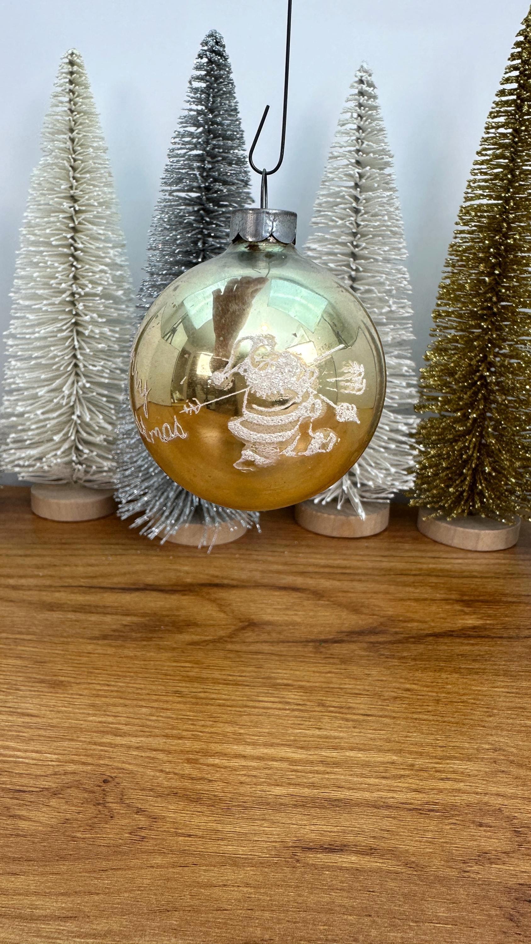 Vintage Mercury Glass Stenciled Ornament - Gold Santa Claus Merry Christmas