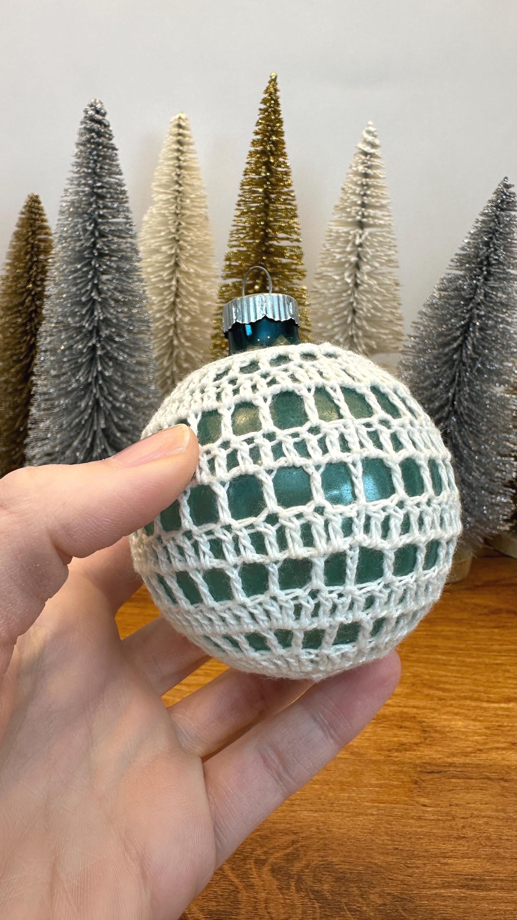 Vintage Crocheted Shiny Brite Ornament - Unsilvered Glass with Cochet Net Cover- Made in U.S.A.