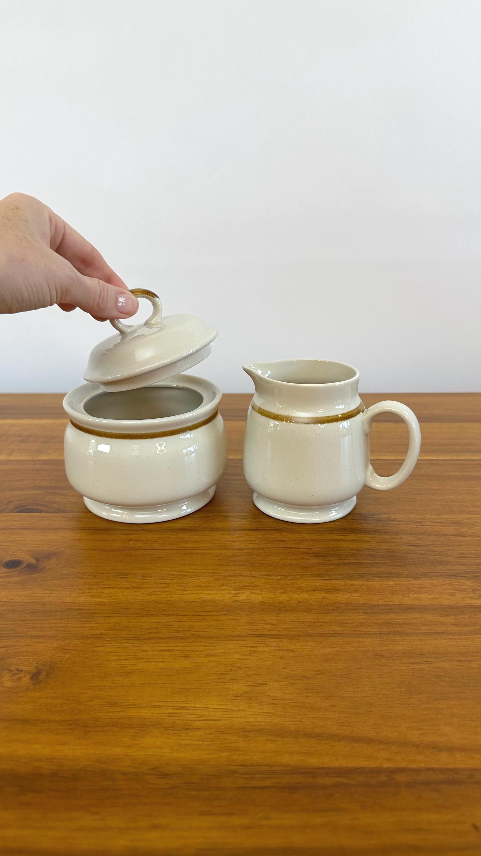 Vintage Stoneware Creamer and Sugar Bowl- Retro Neutral Colors- Mountain Wood Collection 1970's Japan