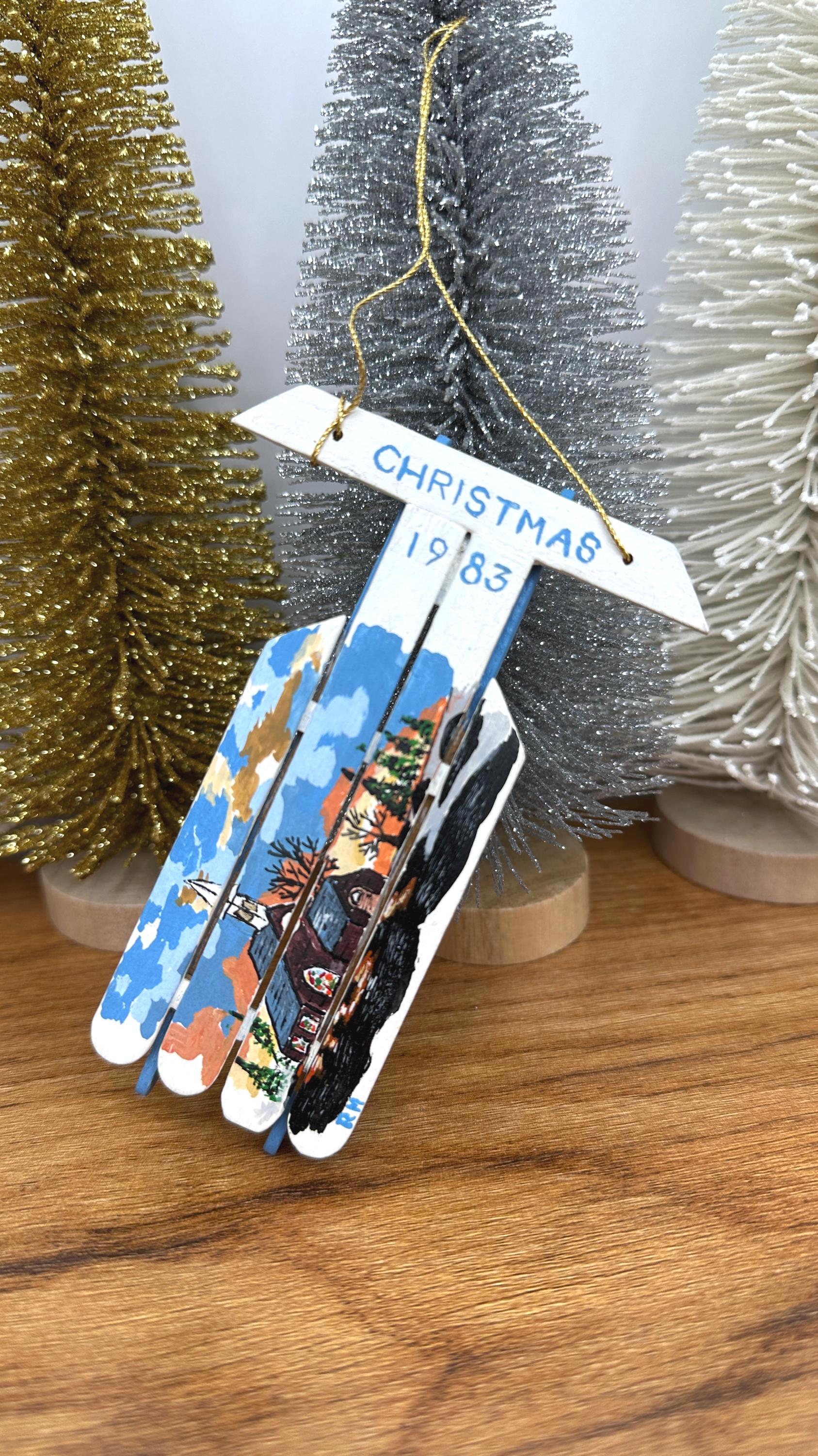 Vintage Christmas Tree Ornament- Hand Crafted and Painted Popsicle Stick Sled- 1983