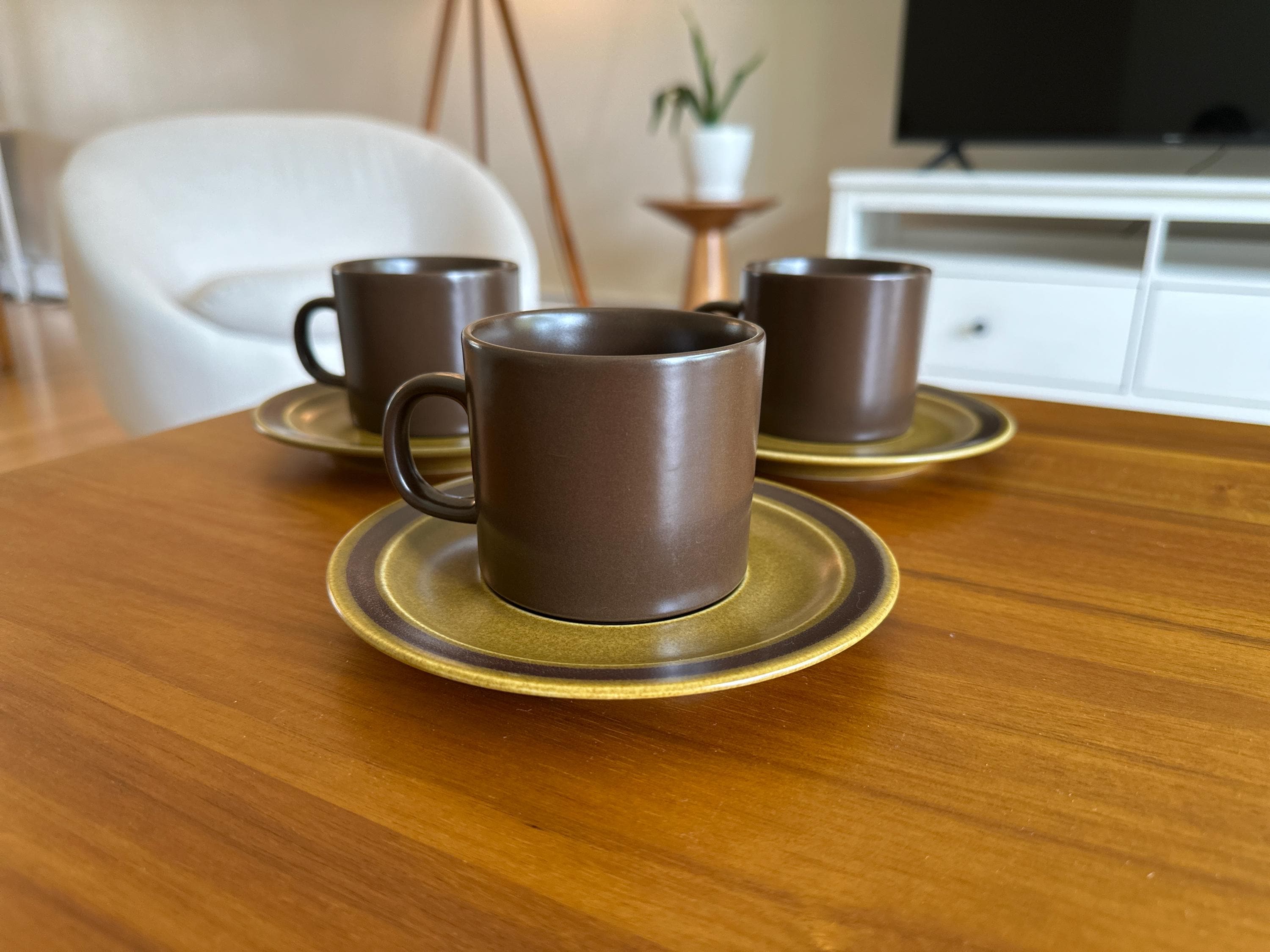 Vintage MCM Stoneware Coffee Cups and Saucers | Brown and Golden | Made in Japan SET OF 3