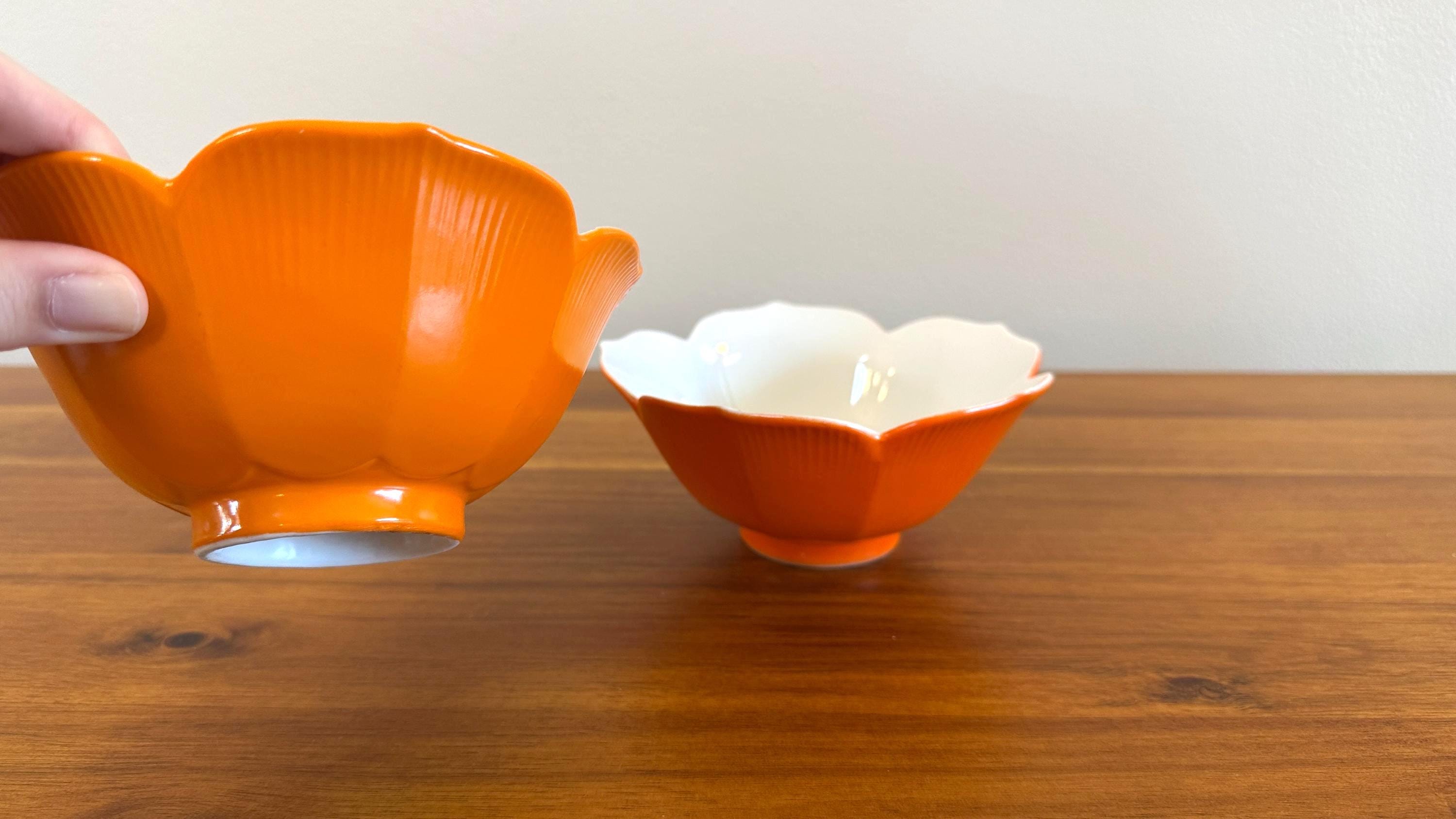 Vintage Orange Ceramic Lotus Bowls - Set of 2 Mid Century Modern Rice Bowls