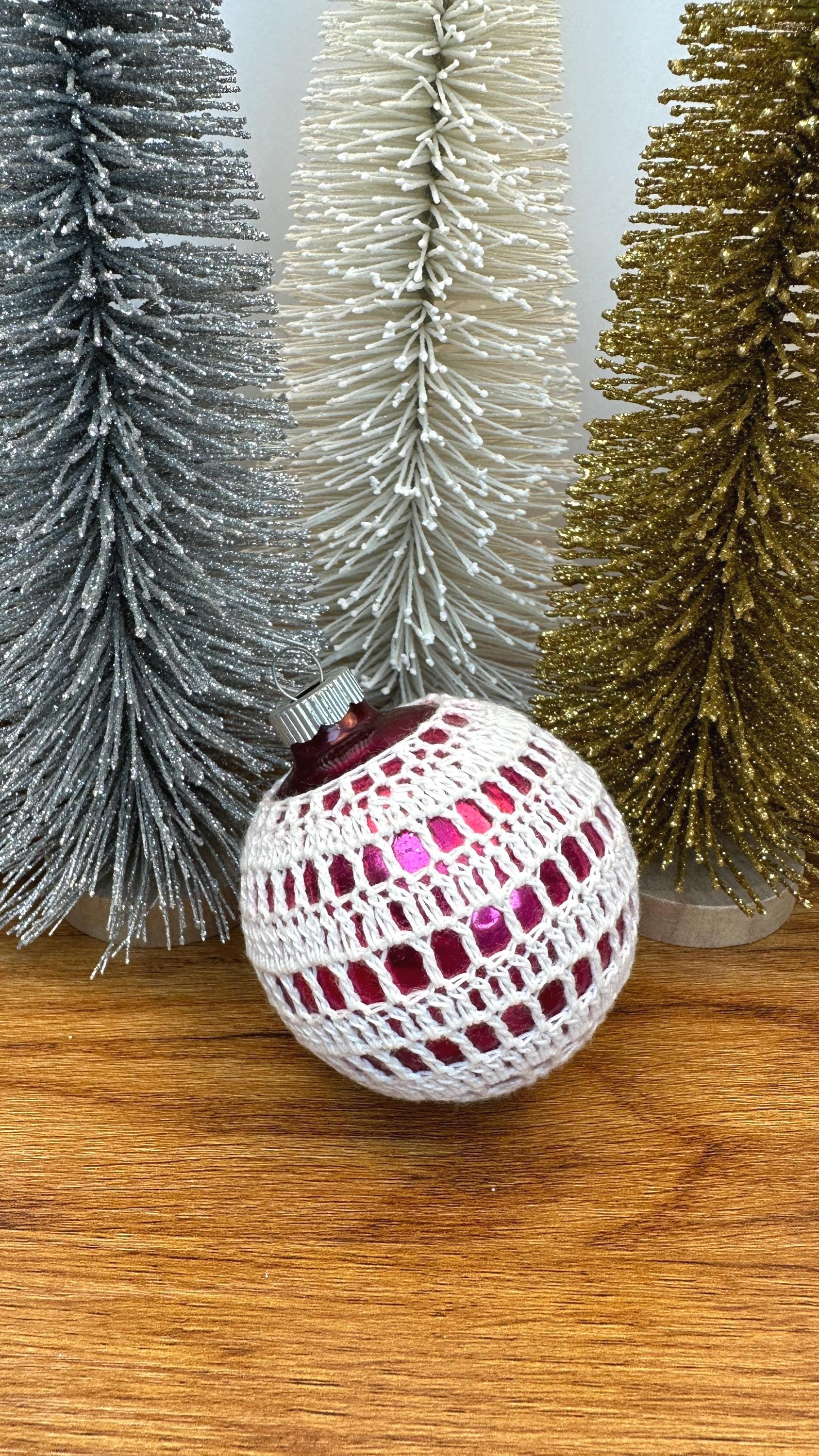 Vintage Shiny Brite Christmas Ornament with Crocheted Cover- Pink Unsilvered Made in U.S.A.