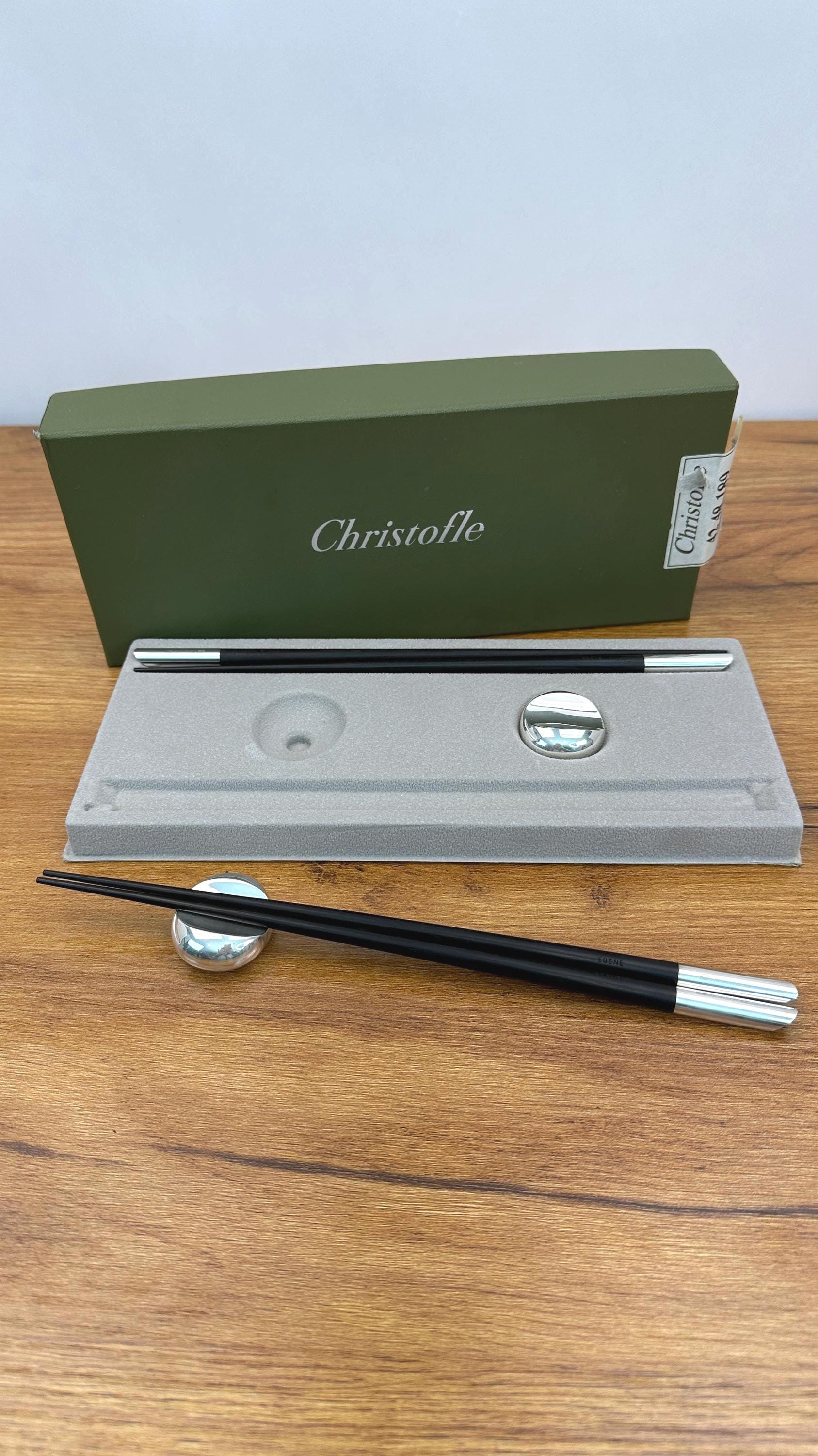 Vintage Christofle Chopsticks with Chopstick Rests | Silver- Plated Ebony Wood SET OF 2
