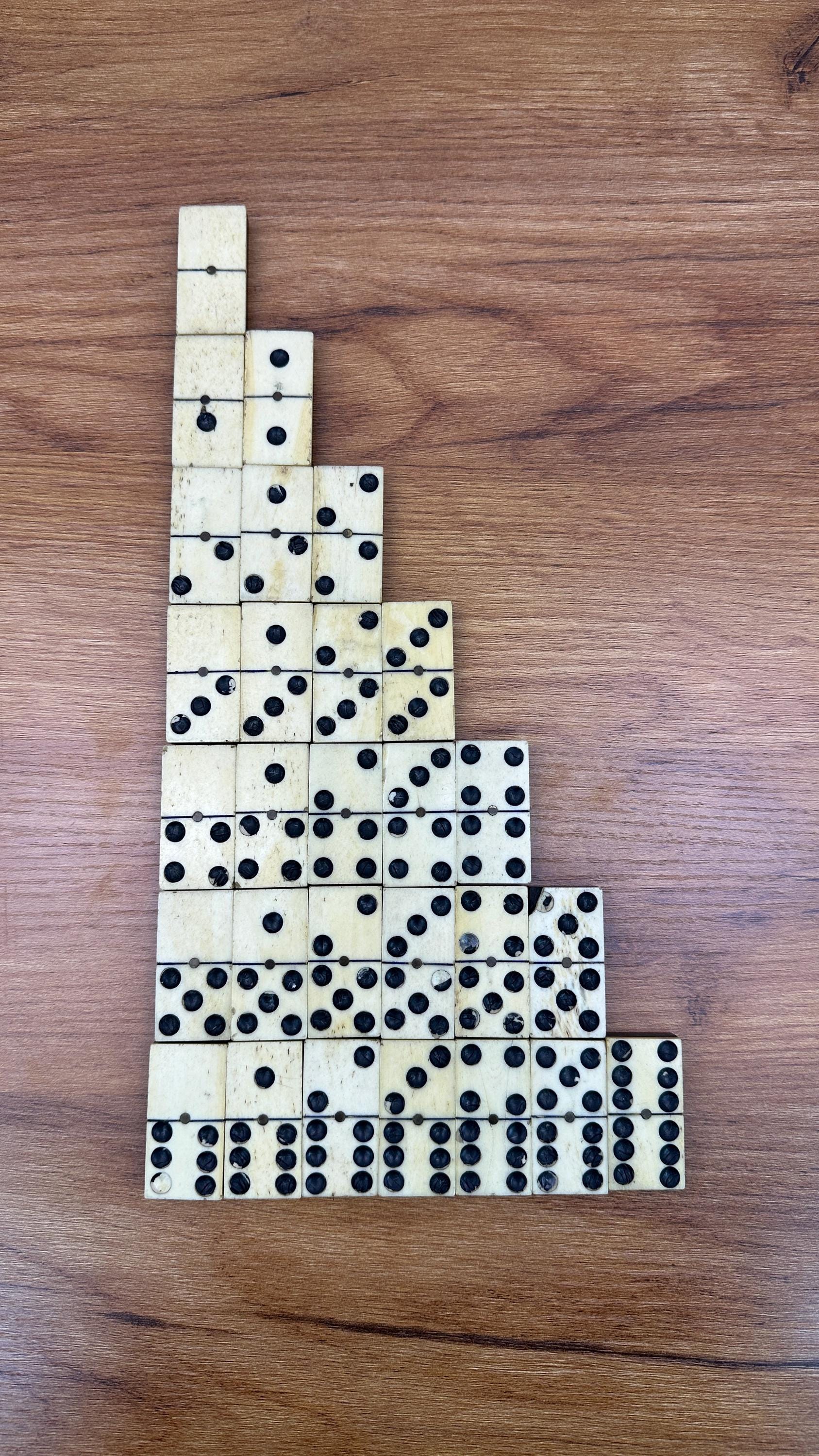 Antique Domino Set | Vintage Bone Dominoes Brass Pinned Ebony | Complete 28 Piece Set- NO BOX