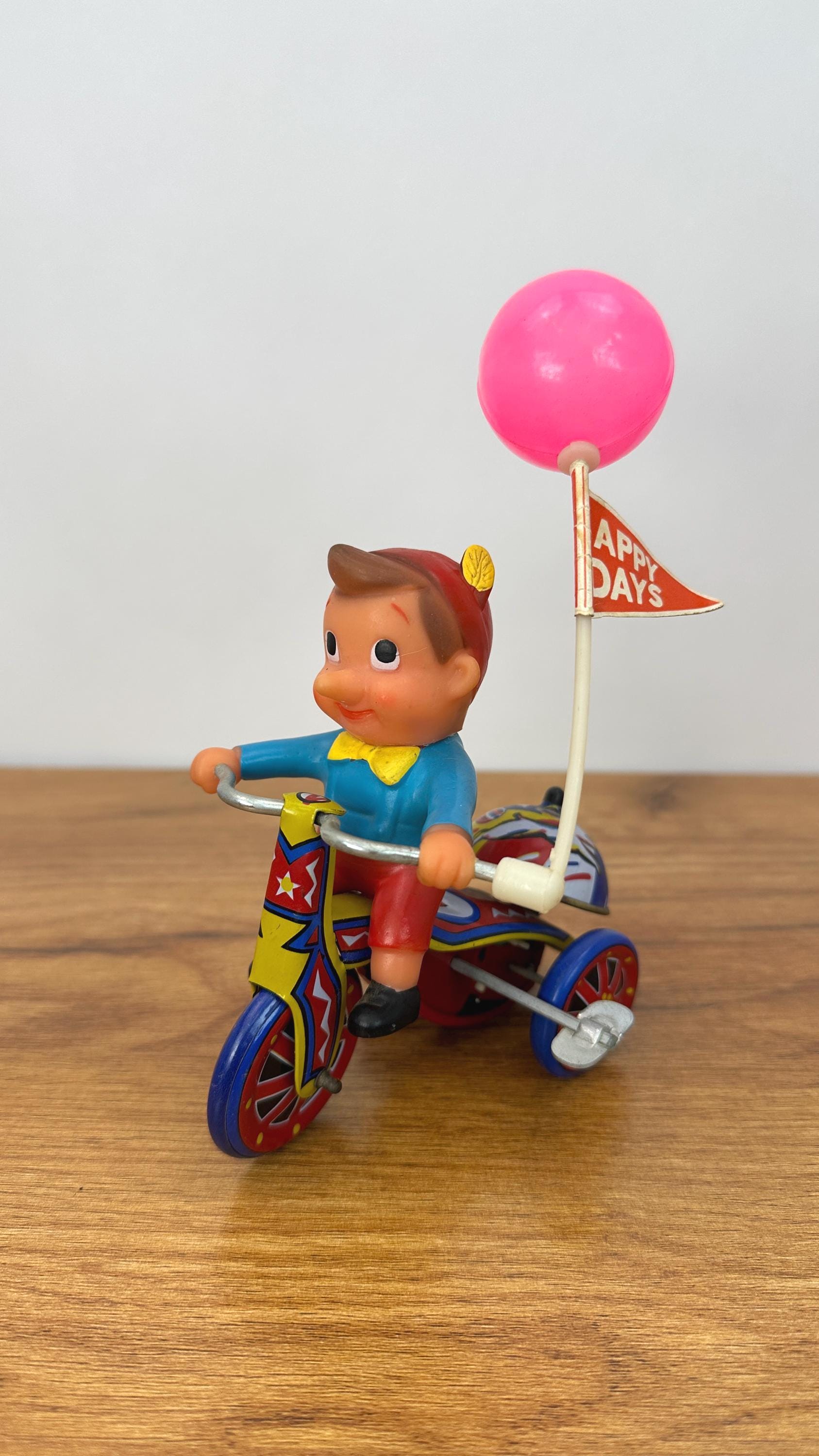 Vintage Tin Litho Wind-Up Pinocchio | Boy on Tricycle Tin Toy -Working
