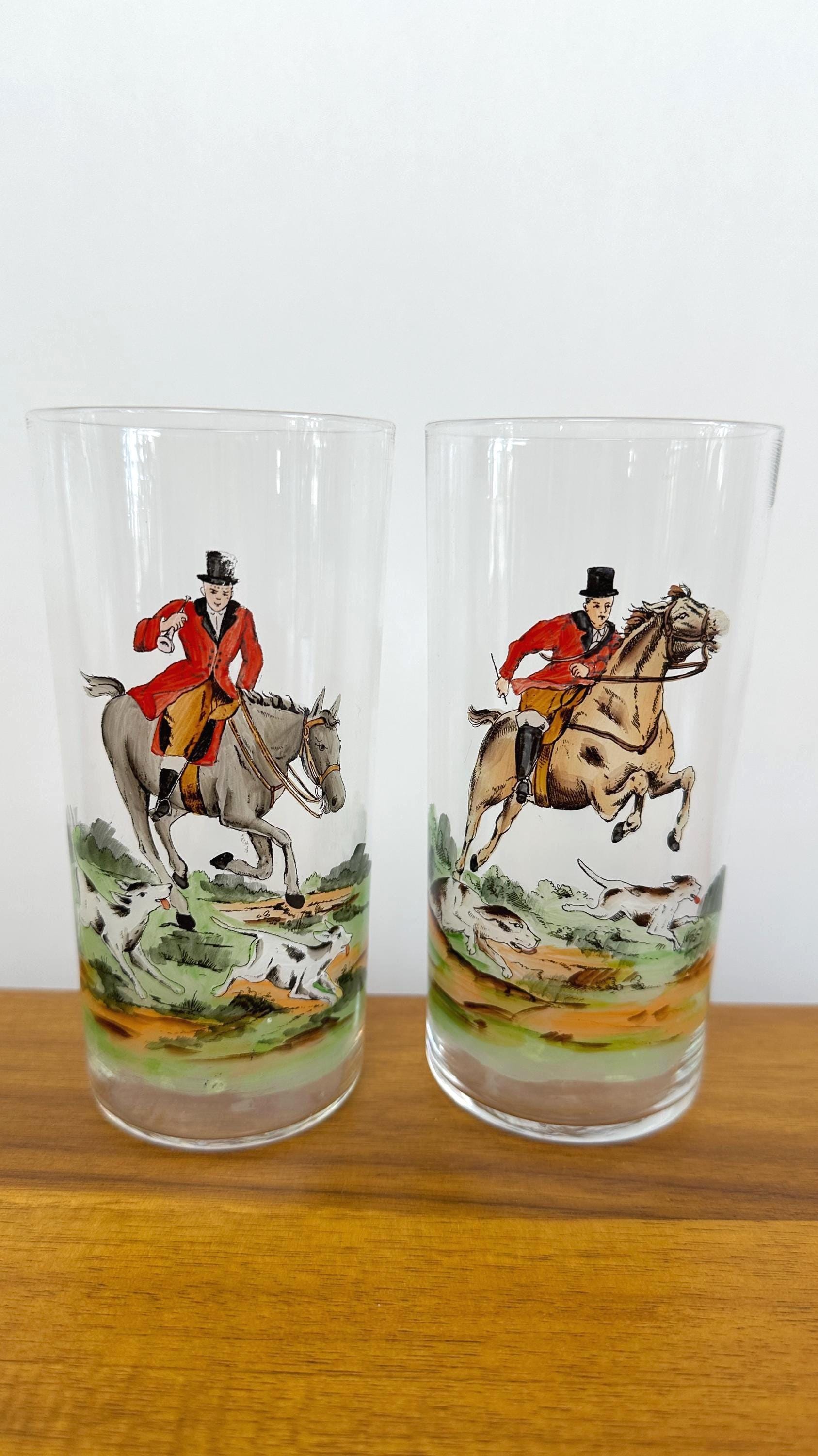 Vintage Hand Painted Highball Drinking Glasses Equestrienne Fox Hunt-Made in Czechoslovakia Early 1900's