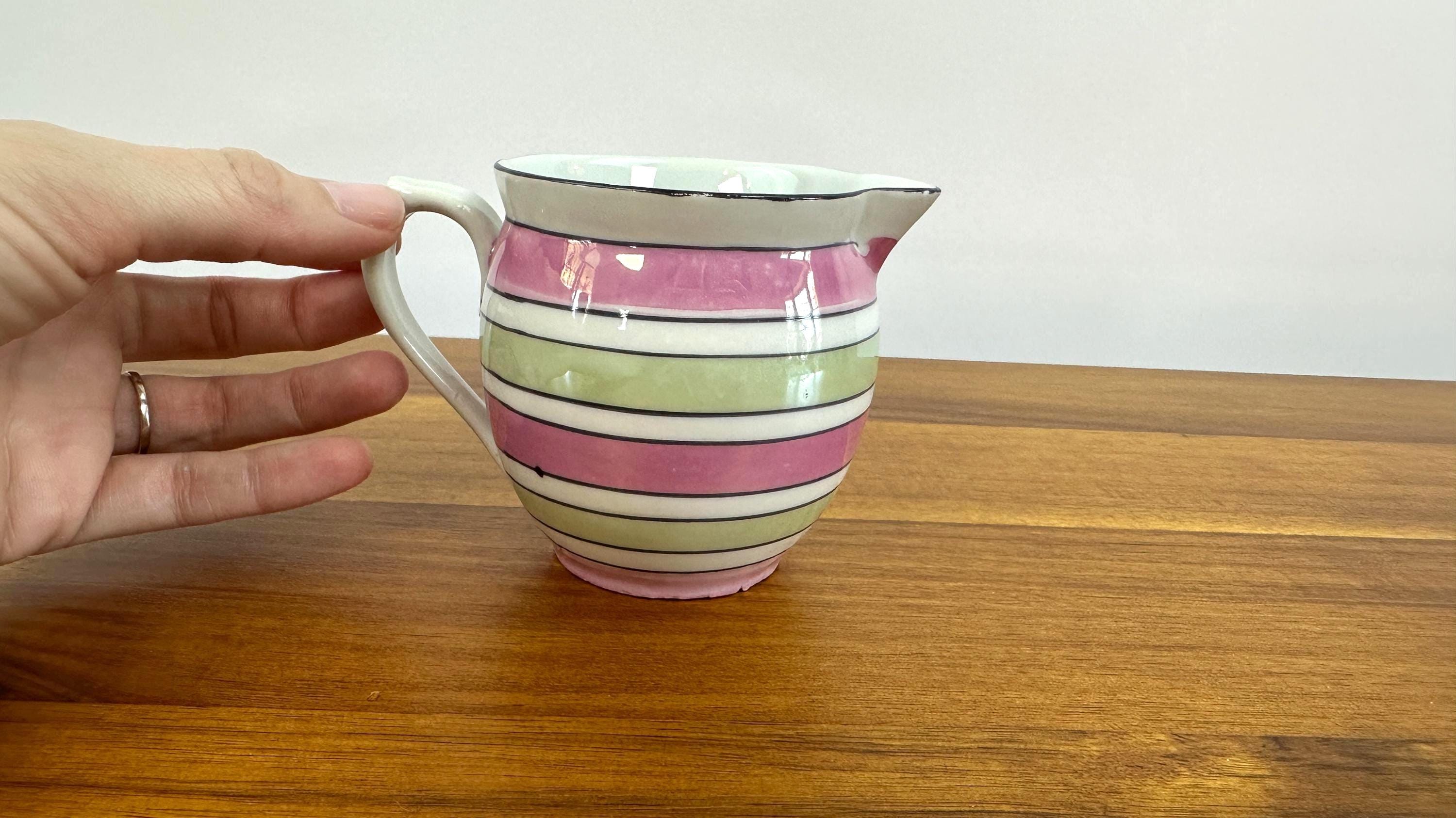 Beautiful Little Vintage Art Deco Lusterware Pink and Green Stripped Creamer